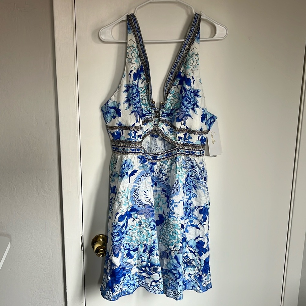 Camilla Blue and White Halter Sundress for Cocktail